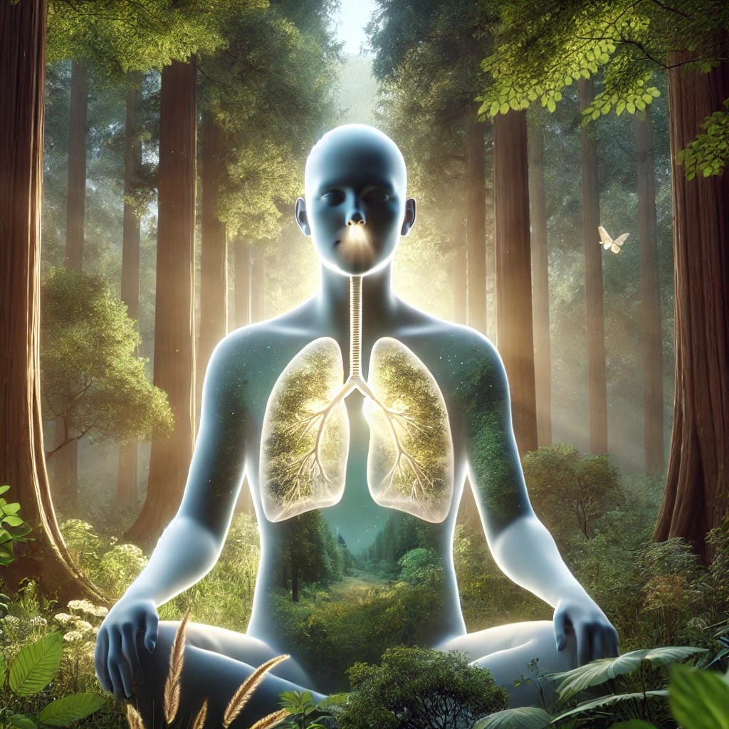 A serene scene emphasizing the act of breathing, focusing on the lungs, breath, and nose. The setting features a peaceful forest with tall trees and soft sunlight filtering through the leaves. In the center, a person is depicted with an ethereal glow around their chest, highlighting the lungs. The person's nose is slightly emphasized to show the breath entering and exiting, visualized as a gentle, glowing mist. The atmosphere is calm and tranquil, with elements of nature surrounding the person, symbolizing the purity and vitality of mindful breathing. A serene scene emphasizing the act of breathing, focusing on the lungs, breath, and nose. The setting features a peaceful forest with tall trees and soft sunlight filtering through the leaves. In the center, a person is depicted with an ethereal glow around their chest, highlighting the lungs. The person's nose is slightly emphasized to show the breath entering and exiting, visualized as a gentle, glowing mist. The atmosphere is calm and tranquil, with elements of nature surrounding the person, symbolizing the purity and vitality of mindful breathing.