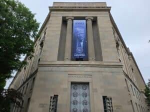 Donald Trump's picture towers over the Department of Justice building Donald Trump's picture towers over the Department of Justice building