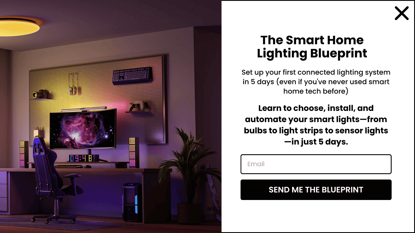 Redesigned popup with The Smart Home Lighting Blueprint headline and SEND ME THE BLUEPRINT call-to-action