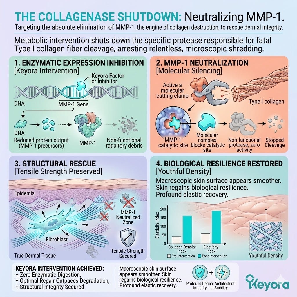 MMP-1 Collagenase Shutdown inhibits the fatal cleavage of Type I collagen to arrest the Neuro-Endocrine Storm and secure Dermal Sovereignty. MMP-1 Collagenase Shutdown inhibits the fatal cleavage of Type I collagen to arrest the Neuro-Endocrine Storm and secure Dermal Sovereignty.