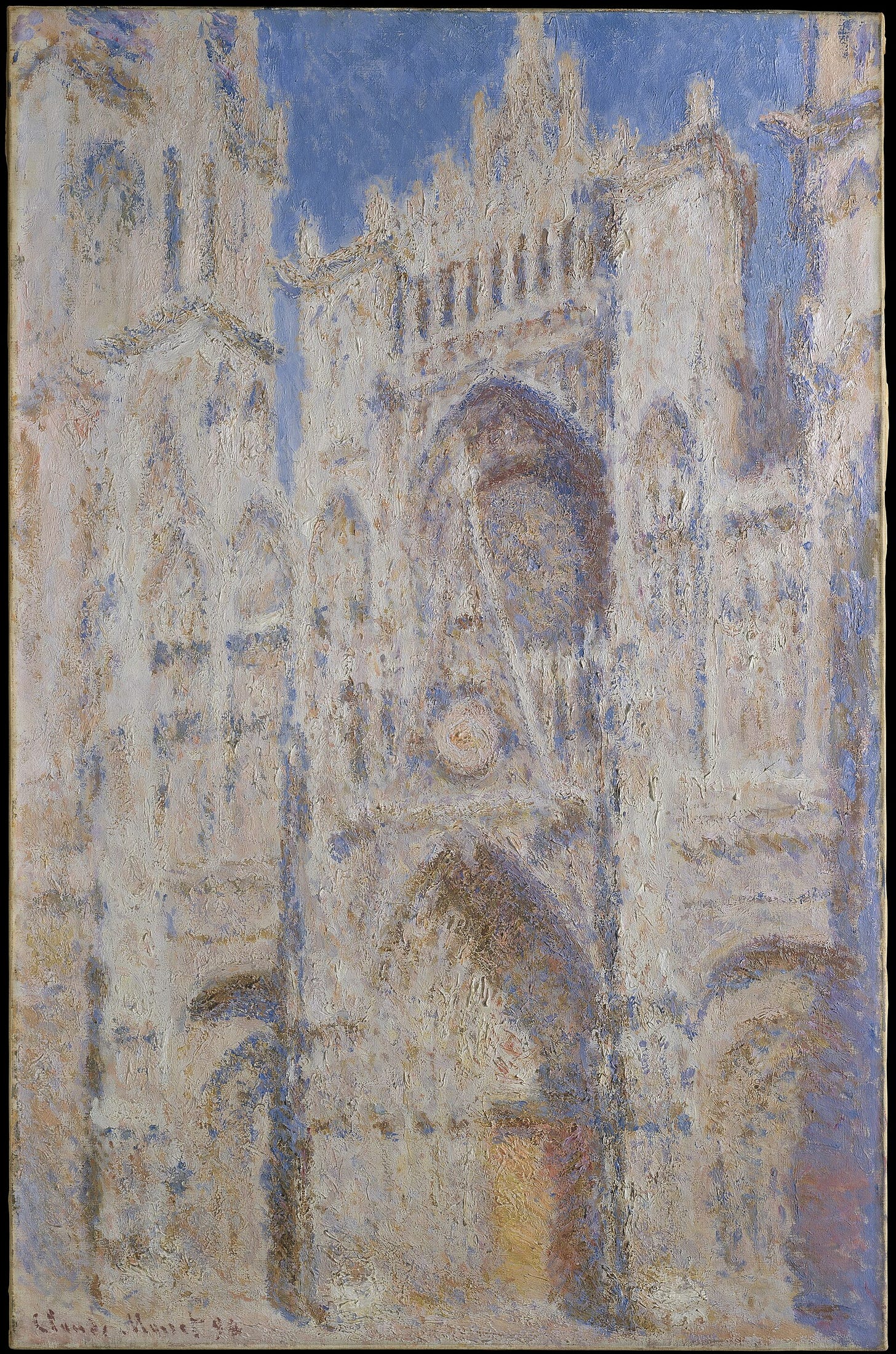 Rouen Cathedral: The Portal (Sunlight) by Claude Monet: the portal and tower of the cathedral in warm sunlight