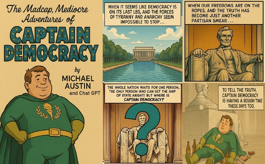May be an image of text that says 'WHEN IT SEEMS LIKE DEMOCRACY IS ON ITS LAST LEG, AND THE FORCES OF TYRANNY AND ANARCHY SEEM IMPOSSIBLE TO STOP. WHEN OUR FREEDOMS ARE ON TE ROPES, AND THE TRUTH HAS BECOME JUST ANOTHER PARTISAN SMEAR The Madcap, Mediocre Adventures of APAH DEMOCRACY by MICHAEL AUSTIN and Chat GPT THE WHOLE NATION WAITS FOR ONE PERSON, THE ONLY PERSON CAN THE SHIP OF ARIGHT! WHERE IS CAPTAIN DEMOCRACY? to TELL THE TRUTH, CAPTAIN CAPTAINDEMOCRACY DEMOCRACY IS HAVING ROUGH TIME THESE DAYS TOO. き CC' May be an image of text that says 'WHEN IT SEEMS LIKE DEMOCRACY IS ON ITS LAST LEG, AND THE FORCES OF TYRANNY AND ANARCHY SEEM IMPOSSIBLE TO STOP. WHEN OUR FREEDOMS ARE ON TE ROPES, AND THE TRUTH HAS BECOME JUST ANOTHER PARTISAN SMEAR The Madcap, Mediocre Adventures of APAH DEMOCRACY by MICHAEL AUSTIN and Chat GPT THE WHOLE NATION WAITS FOR ONE PERSON, THE ONLY PERSON CAN THE SHIP OF ARIGHT! WHERE IS CAPTAIN DEMOCRACY? to TELL THE TRUTH, CAPTAIN CAPTAINDEMOCRACY DEMOCRACY IS HAVING ROUGH TIME THESE DAYS TOO. き CC'