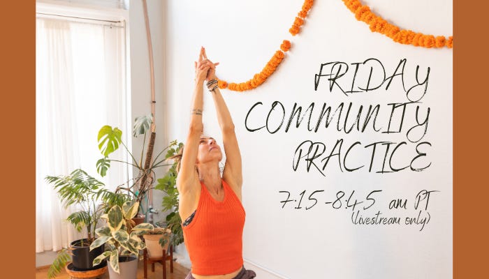Friday Community Practice banner; Abby with arms reaching overhead