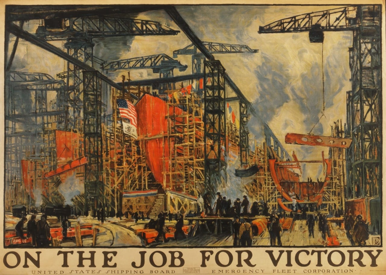 On The Job For Victory. American Impressionistic Painting Of Busy Shipyard  During World War 1. The Shipping Board-Emergency Fleet Corporation History  - Item # VAREVCHISL044EC267 - Posterazzi