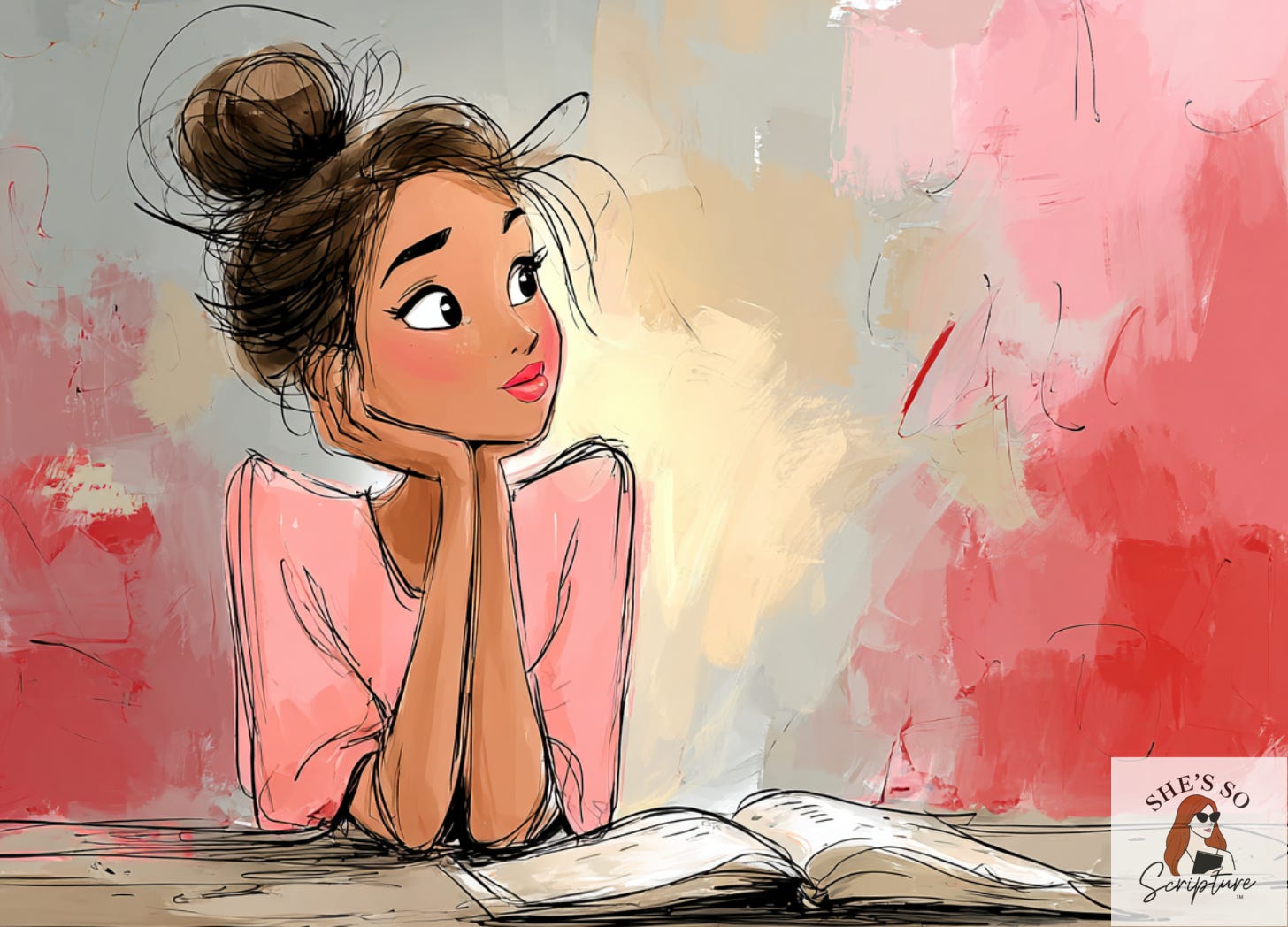 Watercolor illustration of a woman reading the Bible with subtle red accents, symbolizing the biblical meaning of blood as life and covenant.