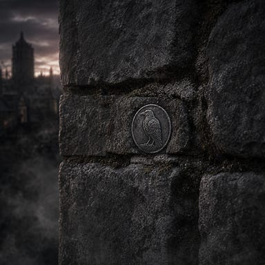 Silver raven‑etched coin pressed into old mortar of Vallaki bell tower north wall; dusk light, mist curling around stone; close‑up Barovian Gothic atmosphere; no resemblance to real people