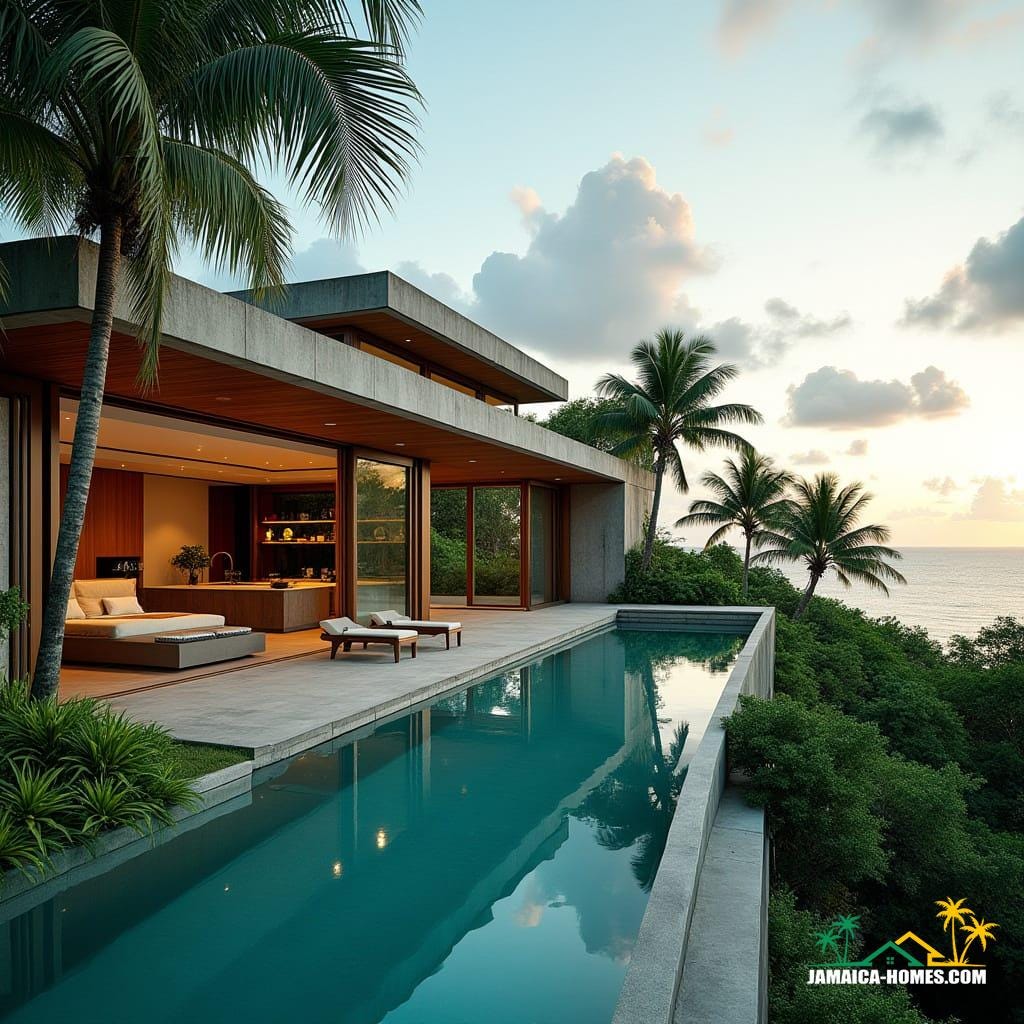 A majestic, modern Jamaican villa, nestled amidst lush tropical foliage, blending sleek concrete lines with warm, rich wooden accents, evoking a sense of organic luxury. Floor-to-ceiling glass windows, framed by slender steel mullions, dissolve the boundaries between indoors and outdoors, bathing the expansive, open-concept living space in soft, natural light. The pièce de résistance: an infinity pool, seemingly spilling into the turquoise ocean below, its crystal waters reflecting the vibrant hues of the sky. Sustainable design elements, including solar panels and lush green walls, harmonize with the natural surroundings, creating a serene, eco-friendly oasis. Captured as a cinematic film still, shot on a v-raptor XL camera, with a subtle film grain, delicate vignette, and meticulous color grading, the image exudes a sense of drama and atmosphere, reminiscent of a 35mm film masterpiece, with live-action authenticity and post-processed finesse, showcasing the majesty of this tropical haven.