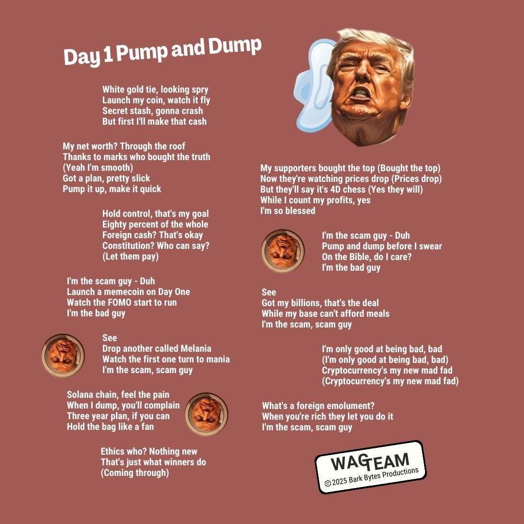 A lyric sheet design in dusky rose tones featuring the song 'Day 1 Pump and Dump.' The layout includes DFT's disembodied head floating ominously in the upper right corner, looking particularly aggrieved, as if someone just told him basic math exists. Three small medallions bearing his grimacing face are scattered throughout, resembling devalued coins. The text is arranged in a chaotic yet intentional pattern, mirroring the disorganized nature of a pump-and-dump scheme. A WAG TEAM logo appears in the bottom right, suggesting some adults were technically responsible for this. The entire composition has the energy of a PowerPoint presentation made by someone who just discovered WordArt, but make it fascism.