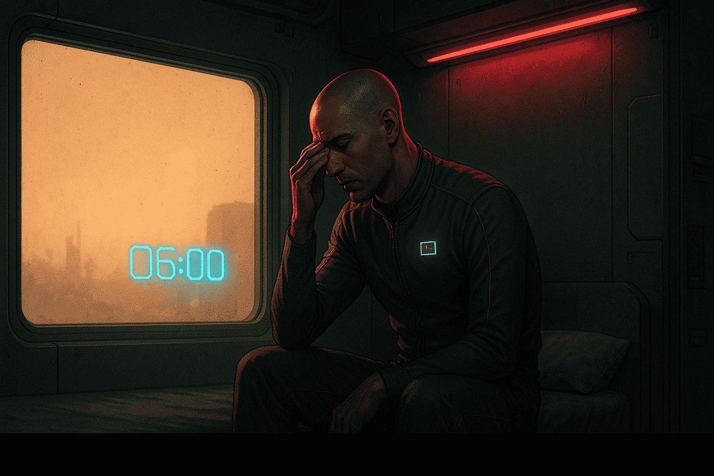 A bald man in a graphite jumpsuit sits on a narrow bunk, pinching his brow in fatigue. A frosted window glows orange, a large cyan “06:00” hologram floats on the glass, and a magenta ceiling light casts a thin rim along the dark cabin walls.