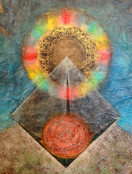 image of a blue background, almost rainbow circle around a mandala, underneath there is an almost tent like drawing, which houses a rose image of a blue background, almost rainbow circle around a mandala, underneath there is an almost tent like drawing, which houses a rose