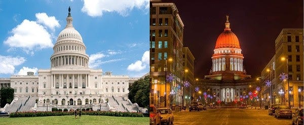 My weekly pilgrimage between Capitol buildings (DC left; Madison right)