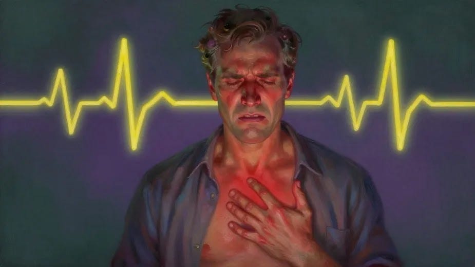 A middle-aged man with a painful expression there is a soft glow of red at the center of his chest, behind him is a bright yellow EKG signal. A dynamic oil painting set against a murky purple and dark green background.