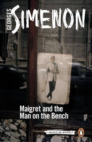 This may contain: a book cover with an image of a man on the bench in front of a window