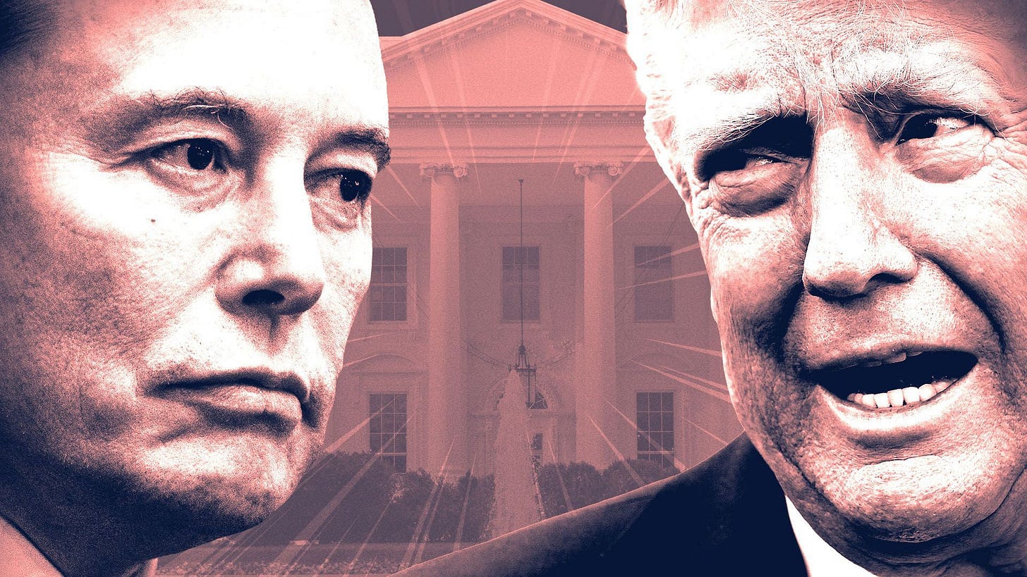 Photo illustration of President Donald Trump and Elon Musk with the White House in the background