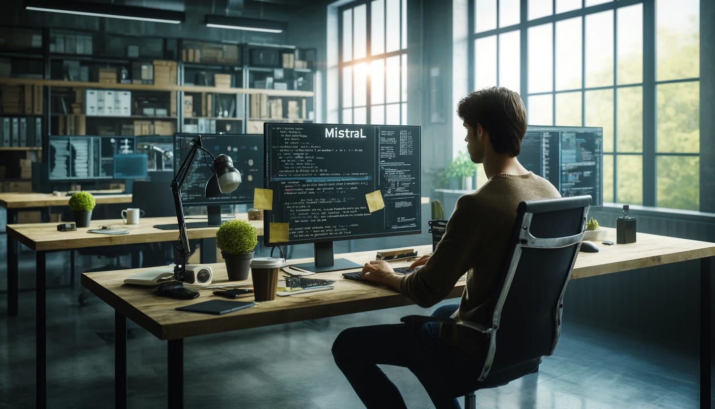 A developer sitting at a workstation, fine-tuning Mistral's AI models. The scene is set in a modern, well-lit office with large windows. The developer is focused on their computer screens, which display complex code and AI model parameters. The workspace has various tech gadgets, sticky notes, and a coffee cup. The background includes shelves with tech books and some green plants for a touch of nature.
