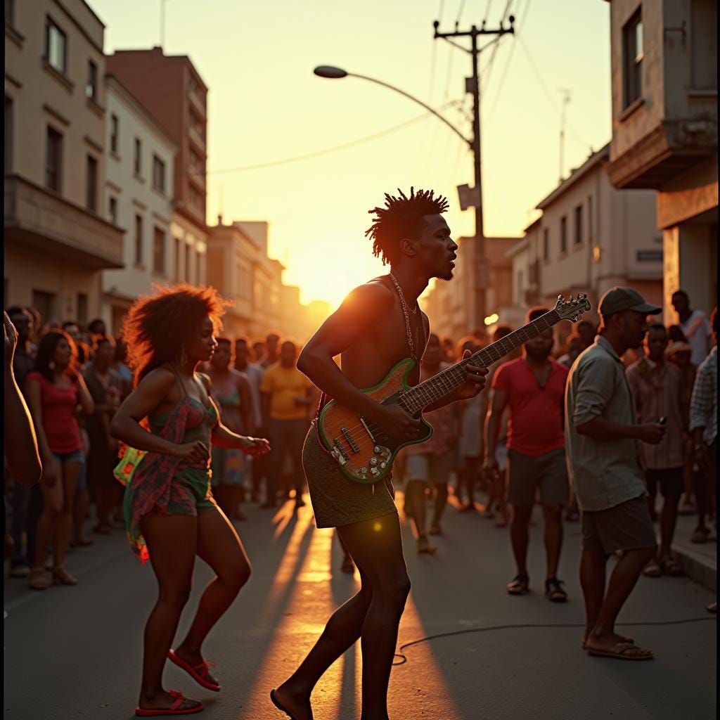 Vibrant, multicolored street scene of a lively Jamaican community gathering, set against the gritty urban backdrop of a ghetto, with beautiful Jamaican people dancing and playing music on a powerful sound system, drawing in a crowd of energetic onlookers, cityscape fading into a warm, golden sunset.