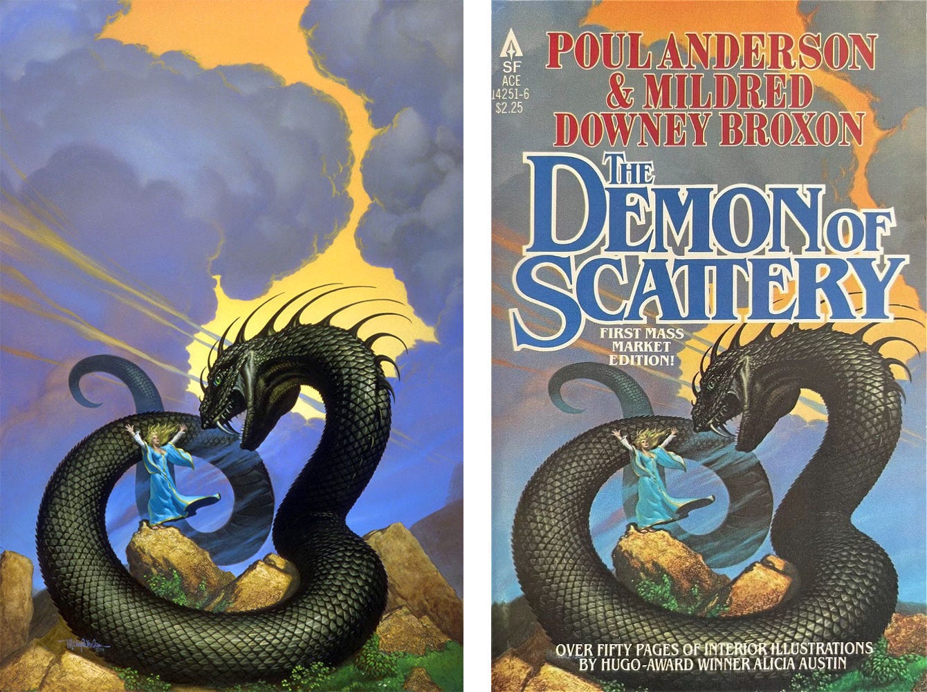 Cover illustration for THE DEMON OF SCATTERY side-by-side with the book cover. A sorceress in blue dress and yellow trim stands more calmly on a rocky hilltop with arms up in a V. The thick body of a serpent curls around the hilltop as its head sweeps into the foreground right to loom over her. It could easily swallow her in one bite. A vibrant splash of yellow breaks through the cloud cover. Cover illustration for THE DEMON OF SCATTERY side-by-side with the book cover. A sorceress in blue dress and yellow trim stands more calmly on a rocky hilltop with arms up in a V. The thick body of a serpent curls around the hilltop as its head sweeps into the foreground right to loom over her. It could easily swallow her in one bite. A vibrant splash of yellow breaks through the cloud cover.