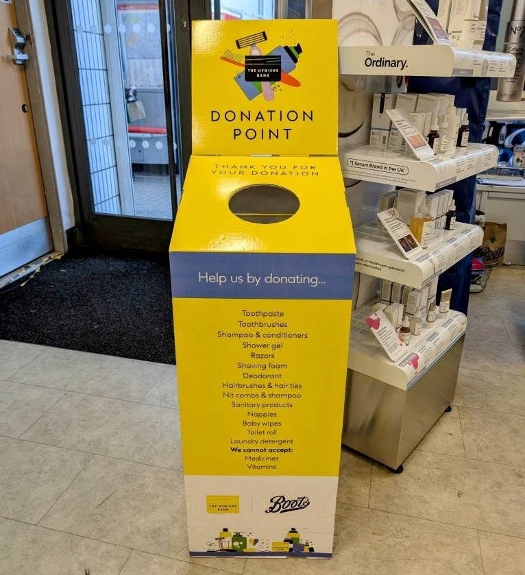 May be an image of text that says "म dr/ ngeden. Slincare UI Ordinary. DONATION POINT URDONATION SuBradhteL) Help Helpusbydonatng... US by donating... igaialan Toothpaste Toothbrushes Shampoo& Shampoo&conditioner conditioners Showerg Razors Shaving Shavingfoar foam Deodorant tles shampoo Sanitary Sanitoryproduc products Baby Ba Baby ECTOR Laundry We connet Medcine Vitamins Vitom-a 자0*요1년..* Boots"