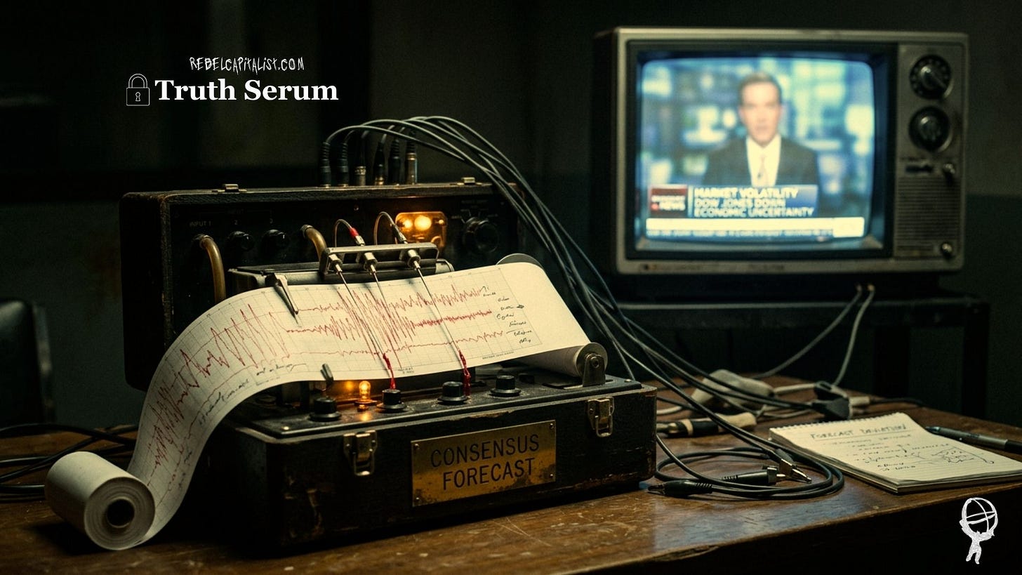 Vintage consensus forecast lie detector machine with financial news broadcast on TV Vintage consensus forecast lie detector machine with financial news broadcast on TV