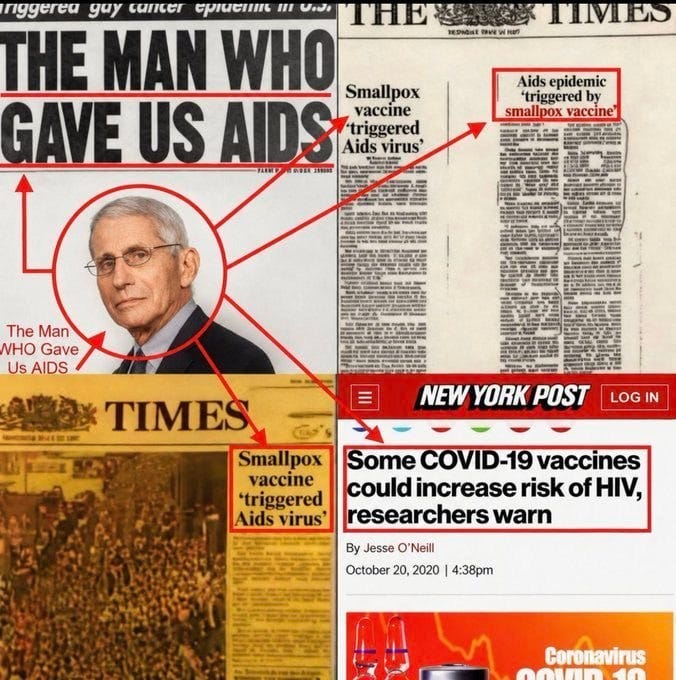 Un collage de artículos periodísticos que afirman un vínculo entre las vacunas y el SIDA. En la parte superior se muestran de forma destacada el titular "El hombre que nos trajo el SIDA" y una foto de un hombre con gafas. Los artículos analizan las vacunas contra la viruela y la COVID-19 y su posible conexión con el VIH.
