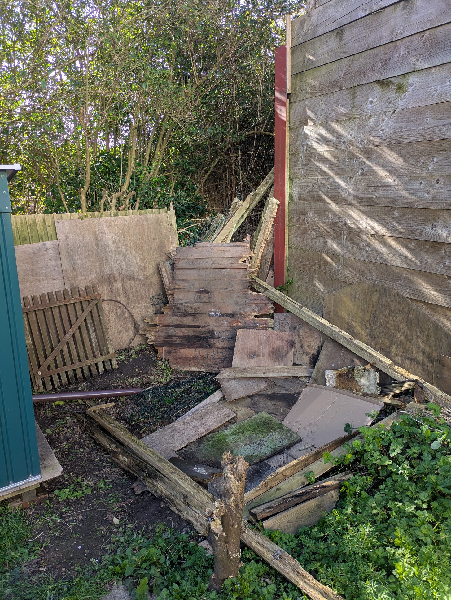 the humble beginnings of Grace's compost patch at the bottom of her garden; questionable wooden planks frame a sort-of square base (also made with questionable wood, but also cardboard) the humble beginnings of Grace's compost patch at the bottom of her garden; questionable wooden planks frame a sort-of square base (also made with questionable wood, but also cardboard)
