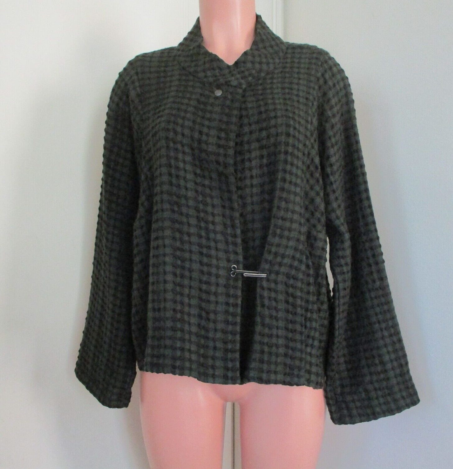 BABETTE DARK GREEN & BLACK CHECKED WOOL & LINEN WAFFLE OVERSIZED JACKET, SIZE M - Picture 1 of 9