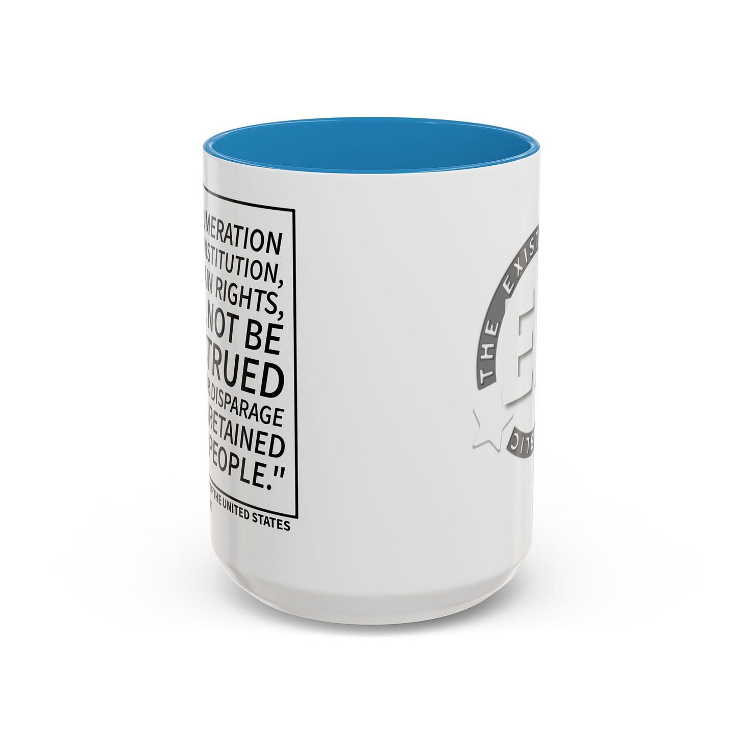 Blue accent mug printed with the text of the Ninth Amendment.