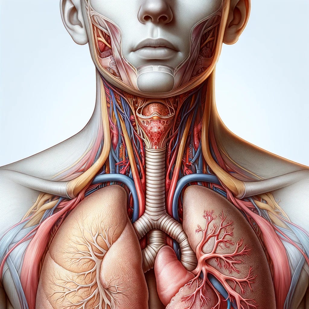 An anatomical illustration of the human respiratory system without any labels or words, focusing on the throat, trachea, and lungs. The illustration should depict a healthy state with clear airways, to emphasize the body's natural healing capacity from coughs. The image should be detailed, highlighting the anatomy involved in breathing and the absence of inflammation, illustrating recovery. This visual is intended to convey the process of healing from a cough through natural means, suitable for an audience seeking understanding without the need for textual explanation.