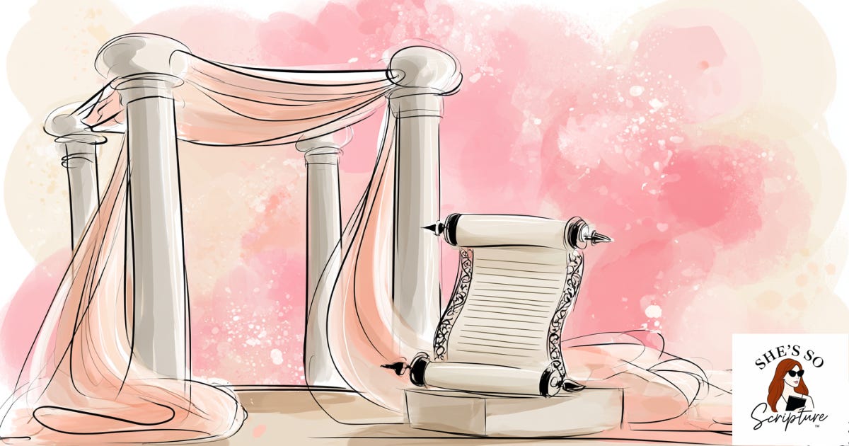 Watercolor illustration of a four-post chuppah canopy beside an ornately bordered ketubbah scroll, in soft blush and cream tones, symbolic wedding imagery with no text. Watercolor illustration of a four-post chuppah canopy beside an ornately bordered ketubbah scroll, in soft blush and cream tones, symbolic wedding imagery with no text.