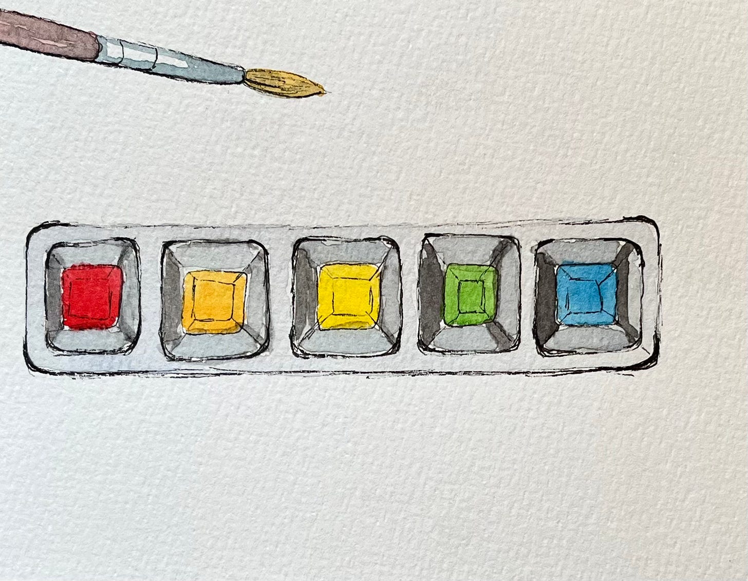 Ink and watercolor illustration of a paintbrush and a small watercolor palette.