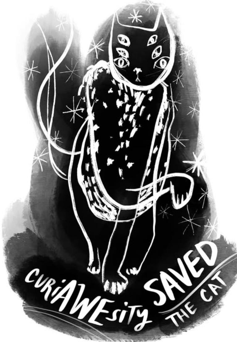 Black and white drawing of psychedelic cat that reads, “CuriAWEsity saved the cat.” Black and white drawing of psychedelic cat that reads, “CuriAWEsity saved the cat.”