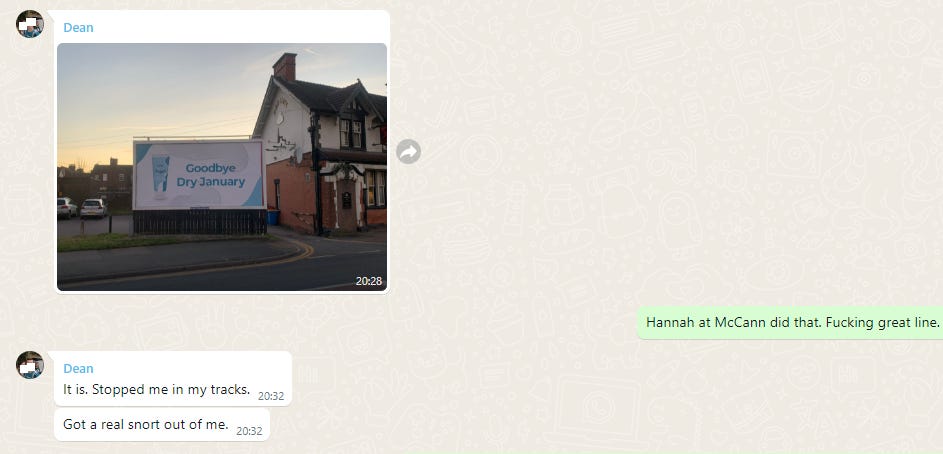 A WhatsApp conversation in which Dean says the lube ad got a real snort out of him. A WhatsApp conversation in which Dean says the lube ad got a real snort out of him.