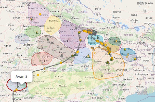 Karte des Wanderungsgebiets des Buddha, Avanti außerhalb