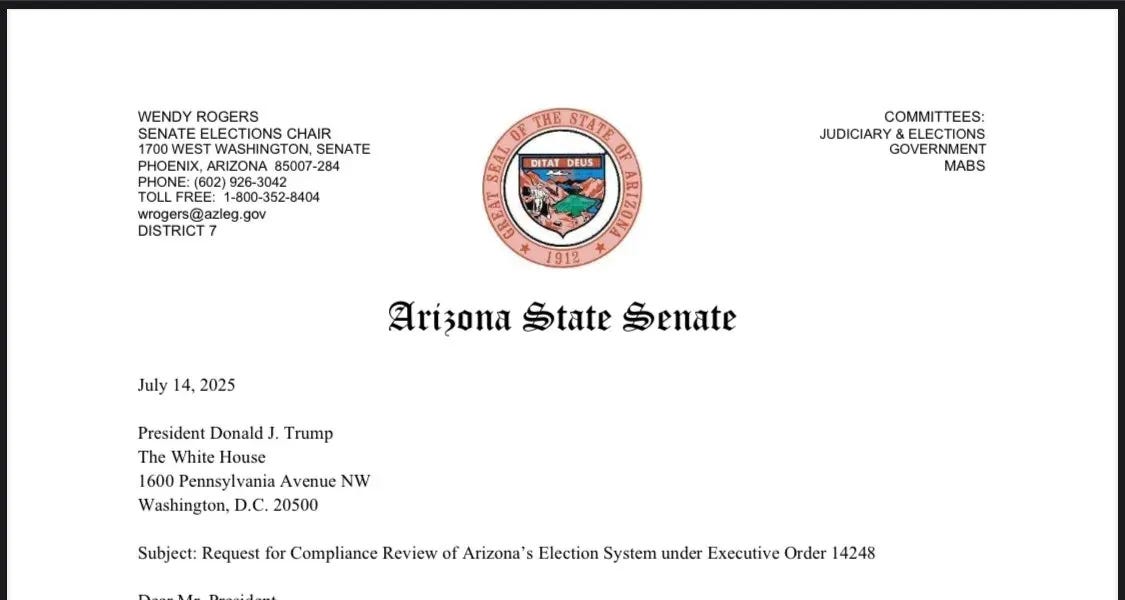 Arizona State Senate Elections Committee Chair Requesting Compliance Review of the State's Election Systems