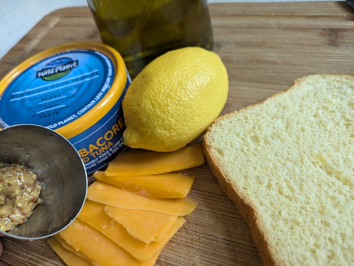 A tuna melt and everything I used to make this one.