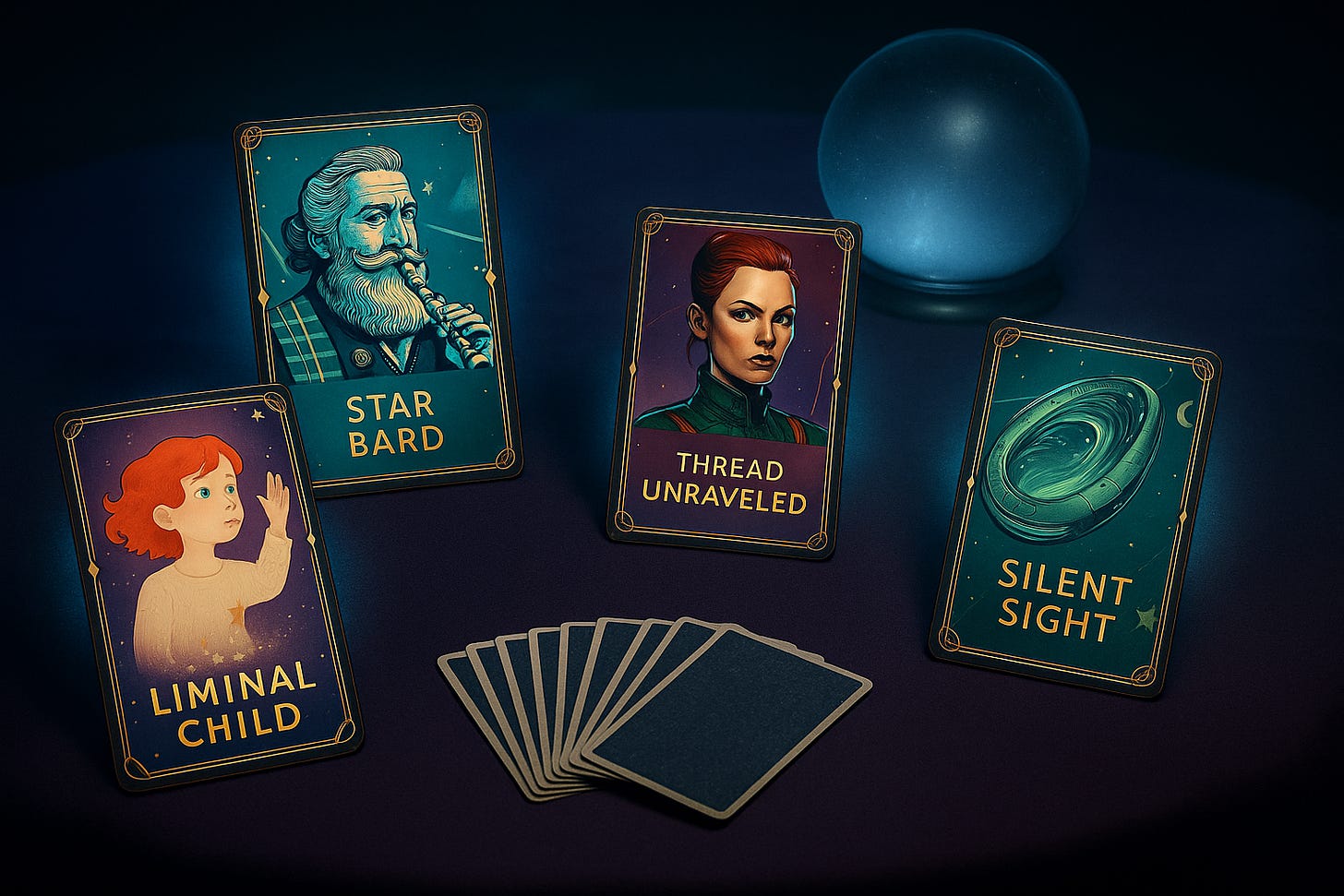 A stylized tarot spread of four symbolic cards—Red, EchoHub, Issi, and Zophia—intertwined by faint golden threads. Title overlay: “The Quantangled Quore – Threads That Sparked a Signal.”