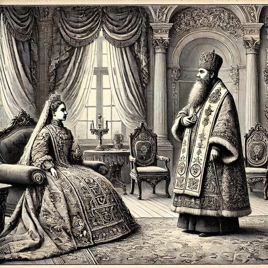 An 1800s newspaper-style illustration of Tsarevna Maria Alexandra giving an audience to a 44-year-old St. Nicholas of Japan, dressed as a Russian Orthodox priest in the 1880s, in St. Petersburg. The scene is depicted in fine ink lines with cross-hatching for shading, resembling an old newspaper engraving. The Tsarevna is seated elegantly in a richly decorated parlor, wearing a regal dress with intricate patterns. St. Nicholas of Japan, now older with a beard, stands respectfully before her in traditional Orthodox priestly robes with intricate embroidery. The room features period-accurate furnishings, such as ornate chairs and heavy drapes. The background suggests a grand interior with classical architectural details.