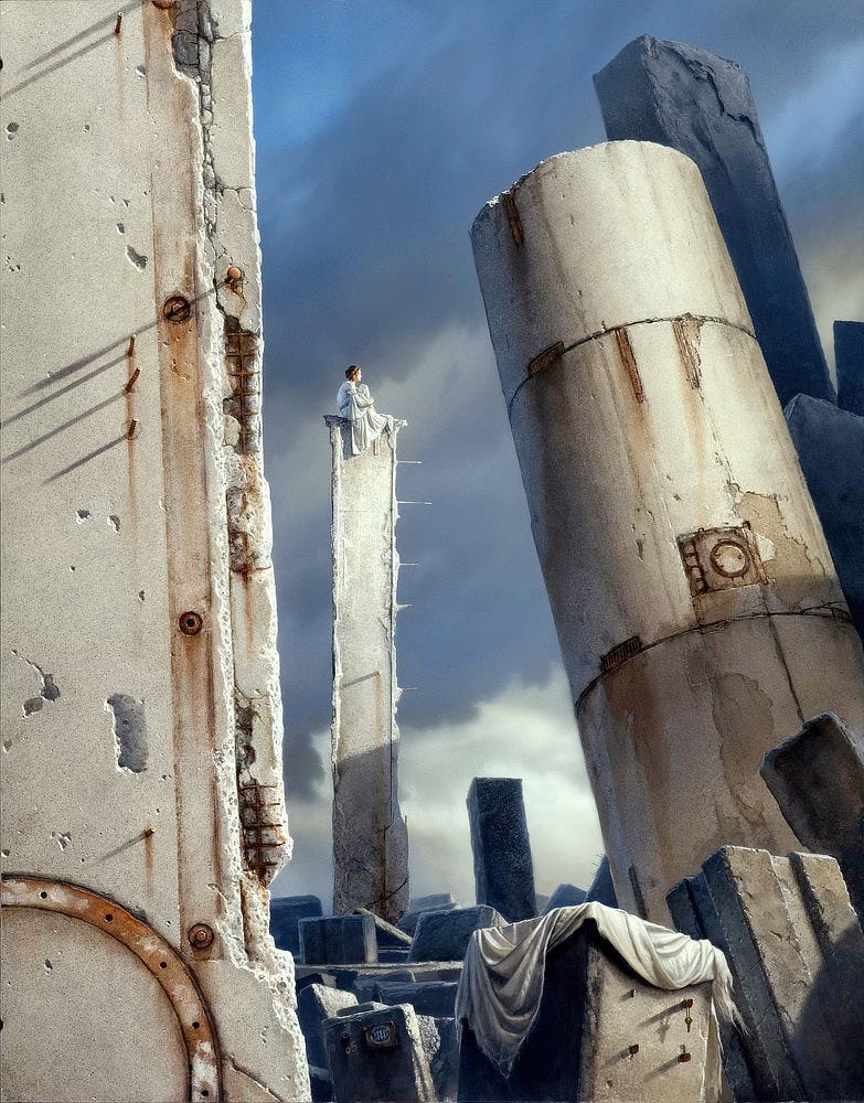Seated high atop a slender concrete support, a woman sits hugging her knees. The hem of her white dress spills down from her perch. As seen through the tilted wreckage of stone slabs, her face is bathed in light. As she faces a sun unseen, long shadows fall behind her, cast by the rebar protruding from the nearest facade. The surface is chipped, pitted and worn through to expose the rusted skeleton beneath once smoothly constructed stone. In the immediate foreground, a key hangs looped over a short outcrop of rebar. Seated high atop a slender concrete support, a woman sits hugging her knees. The hem of her white dress spills down from her perch. As seen through the tilted wreckage of stone slabs, her face is bathed in light. As she faces a sun unseen, long shadows fall behind her, cast by the rebar protruding from the nearest facade. The surface is chipped, pitted and worn through to expose the rusted skeleton beneath once smoothly constructed stone. In the immediate foreground, a key hangs looped over a short outcrop of rebar.