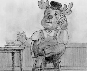 Finn the reindeer, pretends his hamburger is a phone.