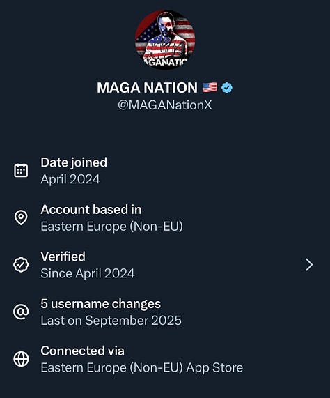 A few examples of large MAGA accounts posing as Americans while operating from a foreign country. 