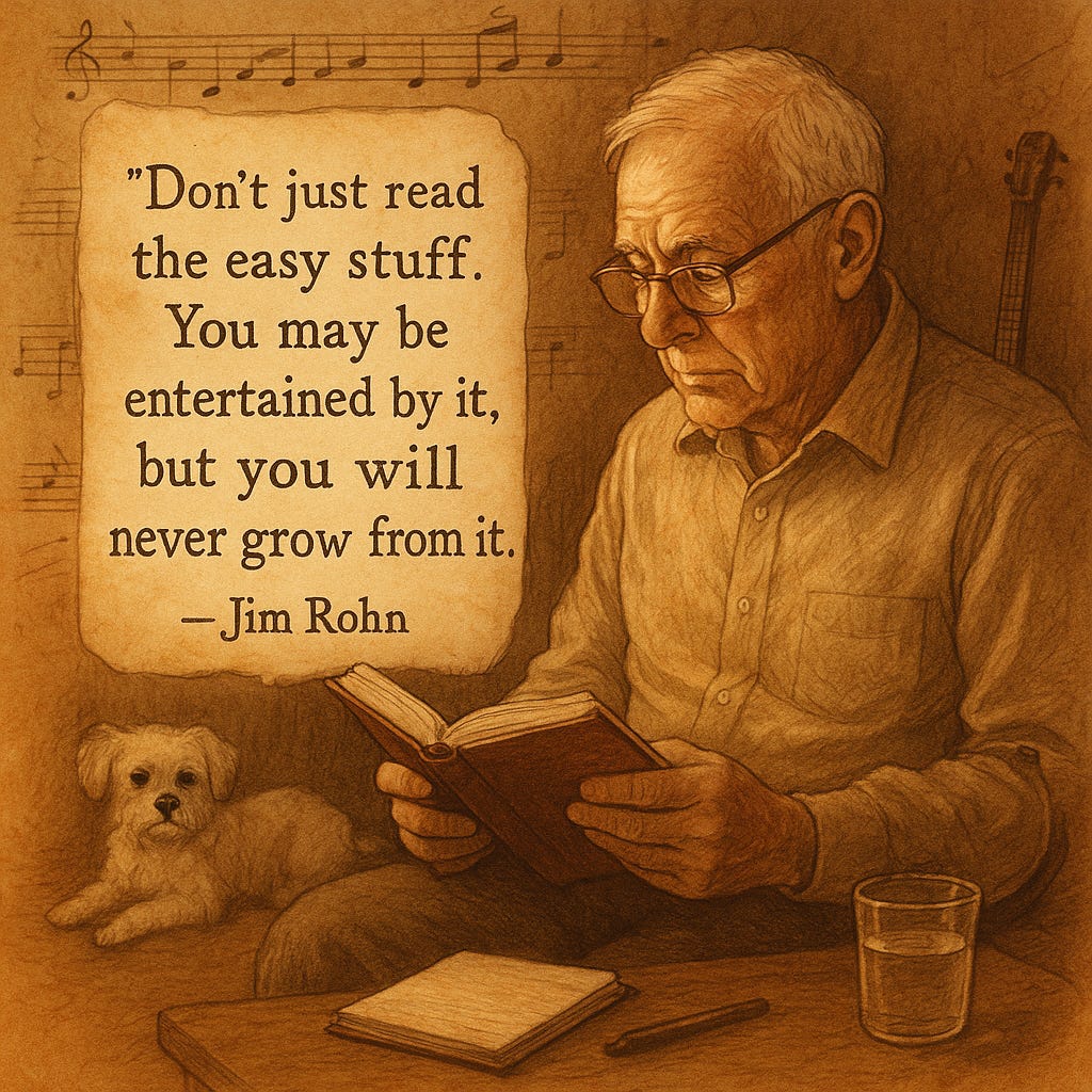 A retired man reading a quote by Jim Rohn, “Don’t just read the easy stuff. You may be entertained by it, but you will never grow from it.”