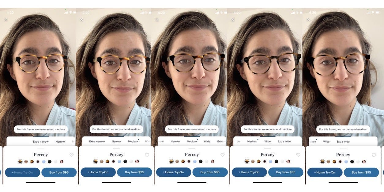 Five screenshots of a woman wearing virtual glasses in sizes ranging from narrow to wide