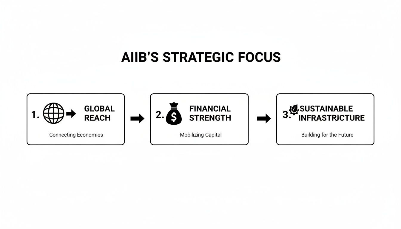 AIIB's strategic focus diagram: global reach, financial strength, and sustainable infrastructure initiatives. AIIB's strategic focus diagram: global reach, financial strength, and sustainable infrastructure initiatives.