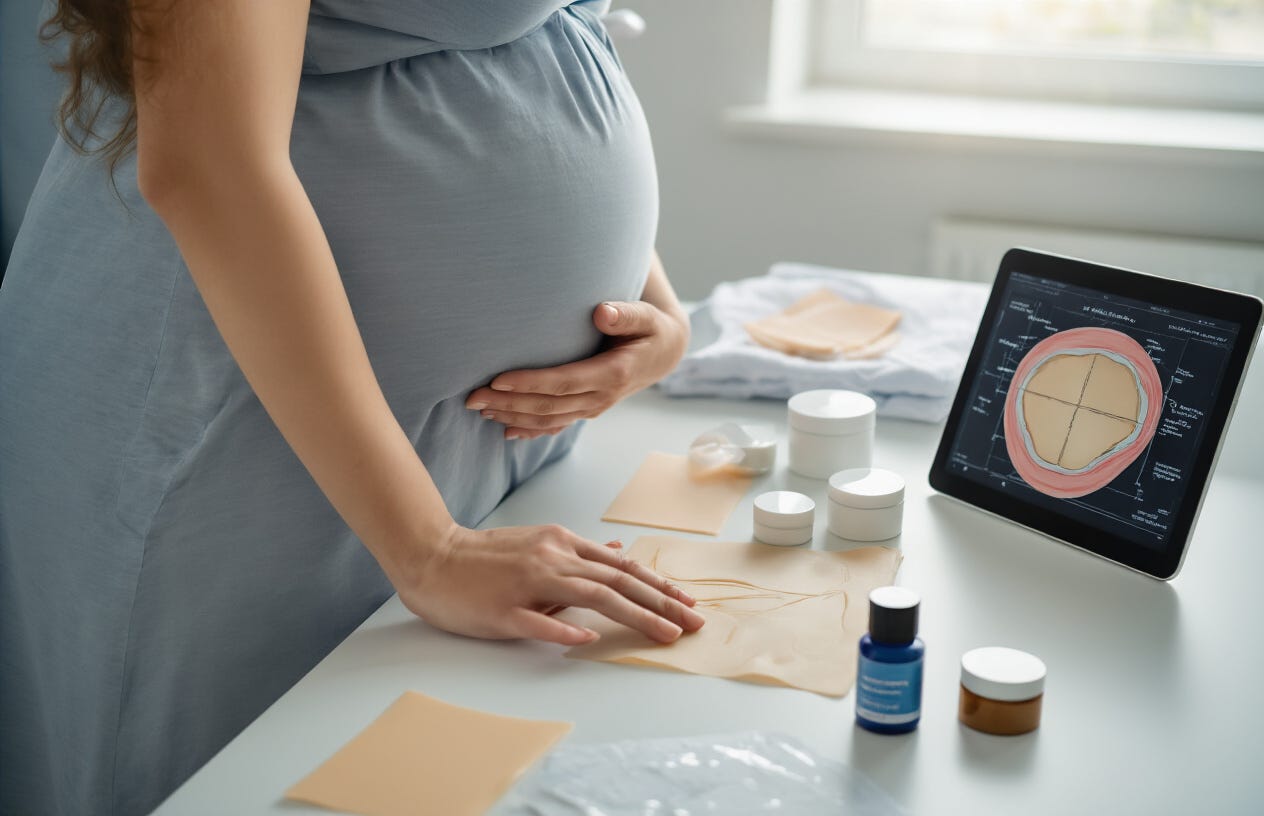 Create a realistic image of a pregnant woman and a medical professional examining different scar treatment options on a desk, including silicone sheets, scar tape, creams, and oils, with a C-section scar diagram visible on a tablet screen in a bright, clinical setting that conveys a sense of informed decision-making. Create a realistic image of a pregnant woman and a medical professional examining different scar treatment options on a desk, including silicone sheets, scar tape, creams, and oils, with a C-section scar diagram visible on a tablet screen in a bright, clinical setting that conveys a sense of informed decision-making.
