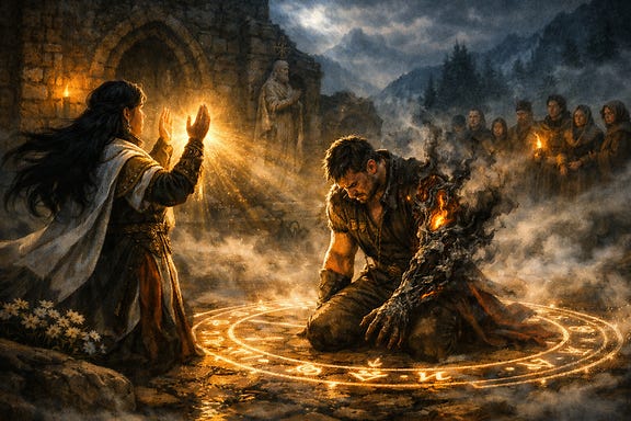 Ritual in Krezk removing the demon graft from Izek, Clarion at the circle’s edge with hands raised in prayer as divine light spills across the stones, Izek kneeling within glowing sigils, his monstrous arm wreathed in smoke and fading flame as corruption peels away like shadow burned by dawn, mists coiling around the Abbey walls and distant villagers watching in silence