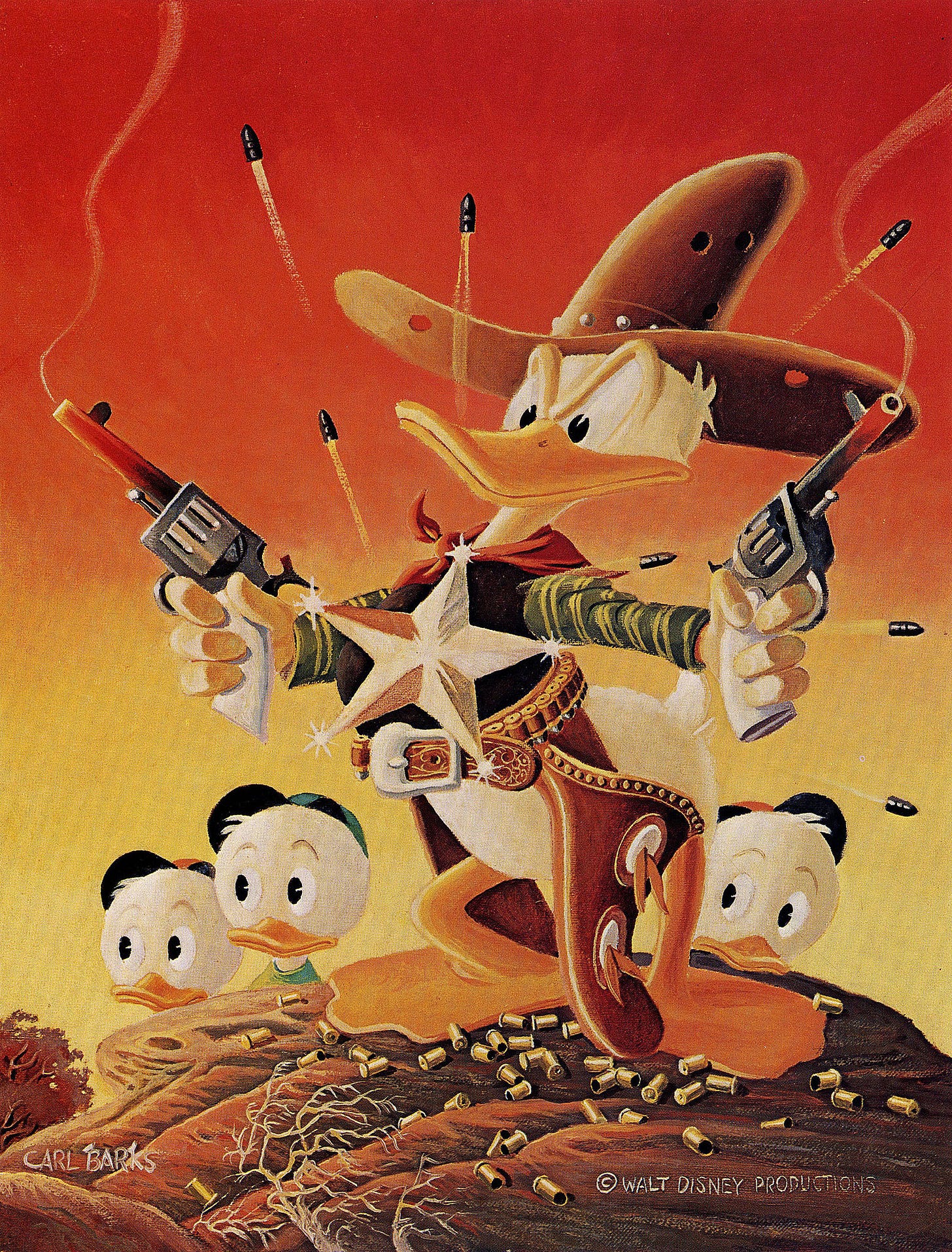 Num fundo em degradê do amarelo em baixo ao vermelho em cima, Donald está em cima de uma rocha com dois revólveres, usa coldres, uma estrela imensa de xerife e um lenço vermelho, além de um chapéu de caubói com furos de bala. Há vários cartuchos no chão e balas ricocheteiam na estrela. Huguinho, Zezinho e Luisinho estão atrás, agachados por trás da pedra.