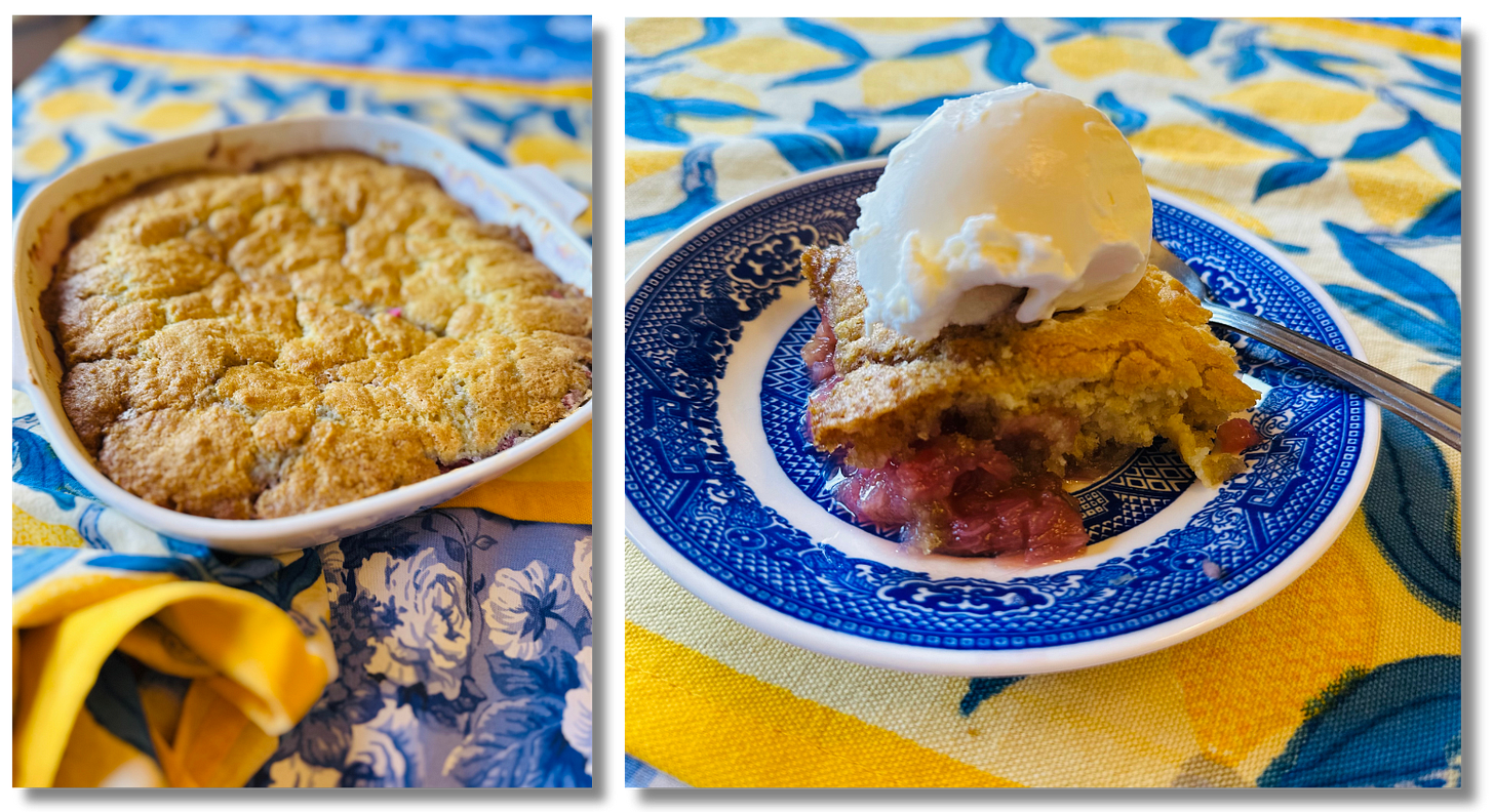 Two photos, both taken on a blue and yellow table cloth. Left image is the cobbler fresh from the oven. The right photo is a slice of cobbler with vanilla ice cream on a blue and white china dish.