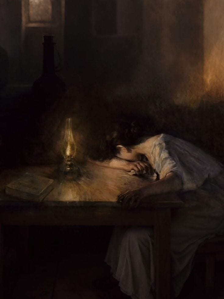 This may contain: a painting of a person laying on a table with a lamp in front of them