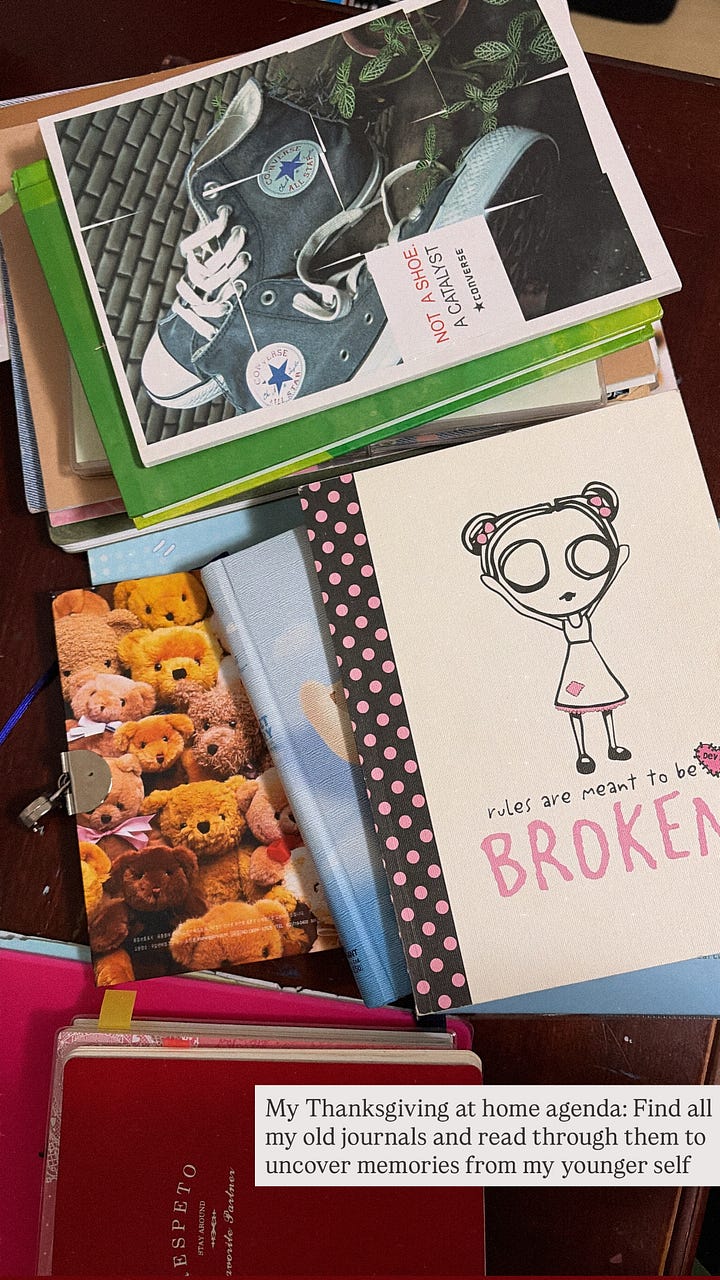 Collection of old journals, art, high school flyer, and work style assessment report from middle school