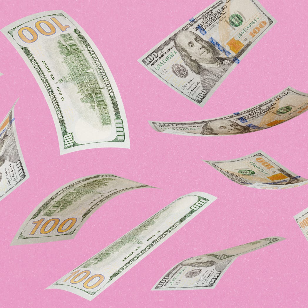 Hundred dollar bills floating against a pink background